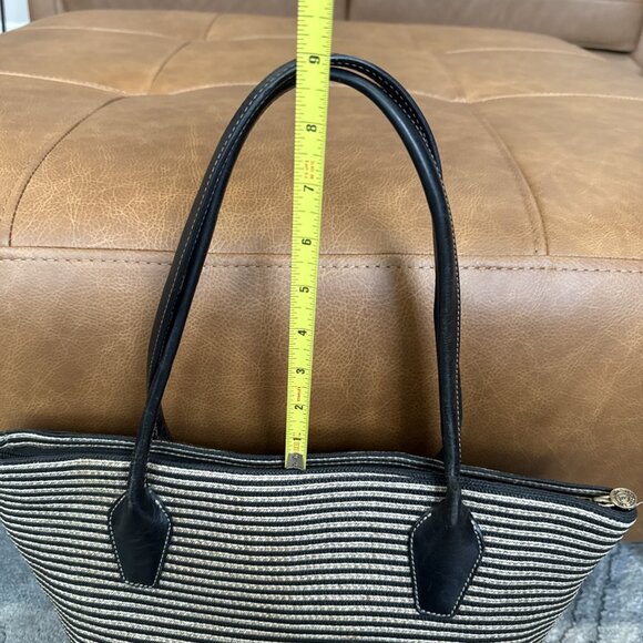 Eric Javits Stripe Black & Beige Straw Leather Tote Handbag - Picture 5 of 12